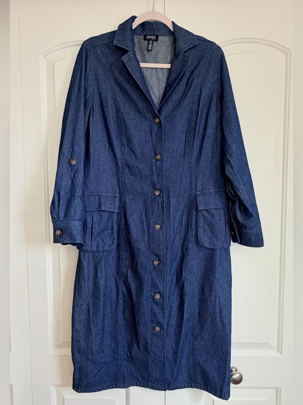 Jones New York Women's Denim Shirt Dress Size 8 Blue Belted Front Buttons Midi